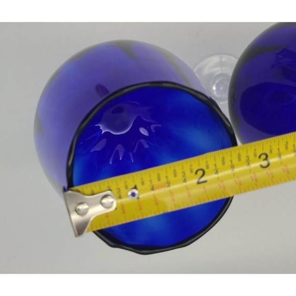 Pair Large Cobalt Blue Glass Goblets Handblown Swirl Stem Fluted Rim 10" - Picture 4 of 9